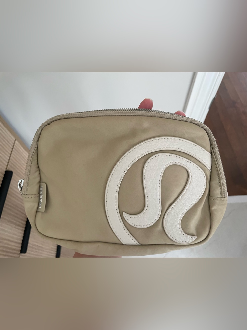 Lulu's Beige Crossbody Pouch with White Logo